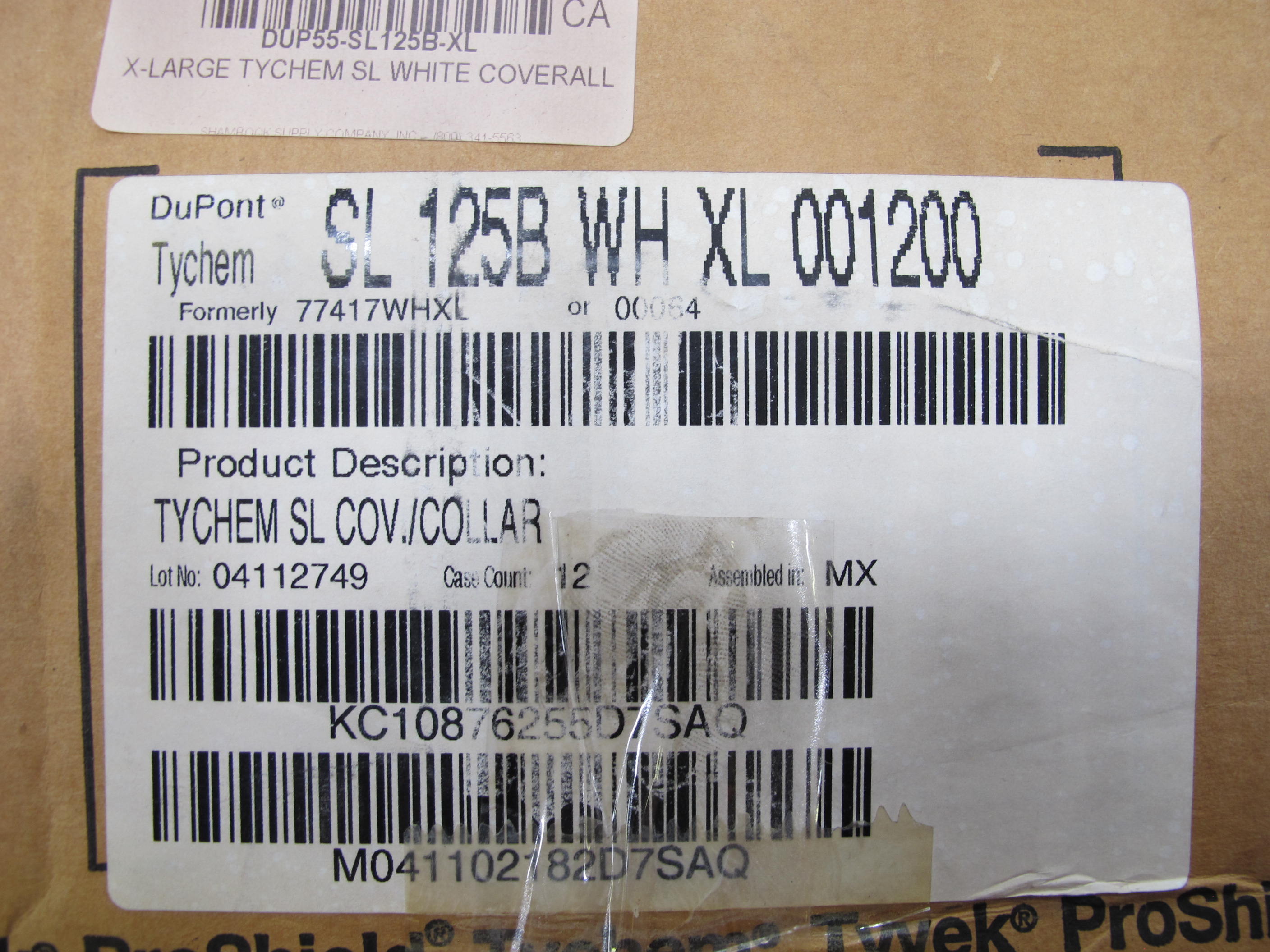 LOT TO INCLUDE: (7 CASES) COVERALLS, X-LARGE SIZE, TYCHEM SL MATERIAL, WHITE COLOR. COVERALL, COLLAR, ELASTIC WRISTS, ELASTIC ANKLES, FRONT ZIPPER CLOSURE, STORM FLAP OVER ZIPPER 12/CASE, (36) "COVERALL, XXL SIZE, HAZARDOUS MATERIAL/CHEMICAL PROTECTION KIND, SARANEX-LAMINATED TYVEK WITH NSR SEALED SEAMS MATERIAL, WHITE COLOR. ZIPPERED FRONT, ATTACHED HOOD AND BOOTS, AND ELASTIC WRISTS, NOT INCINERABLE, (100) COVERALL, LARGE SIZE, DISPOSABLE KIND, POLYPROPYLENE MATERIAL, BLUE COLOR. ZIPPER FRONT WITH OPEN SLEEVES AND ANKLES. 25 PER CASE. . LOADING & HANDLING FEE $15-4217